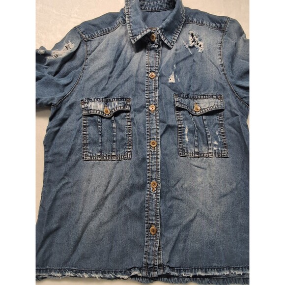 Studio F Women Button Down Long sleeve Shirt Jean Type Ripped Distressed - Picture 3 of 16